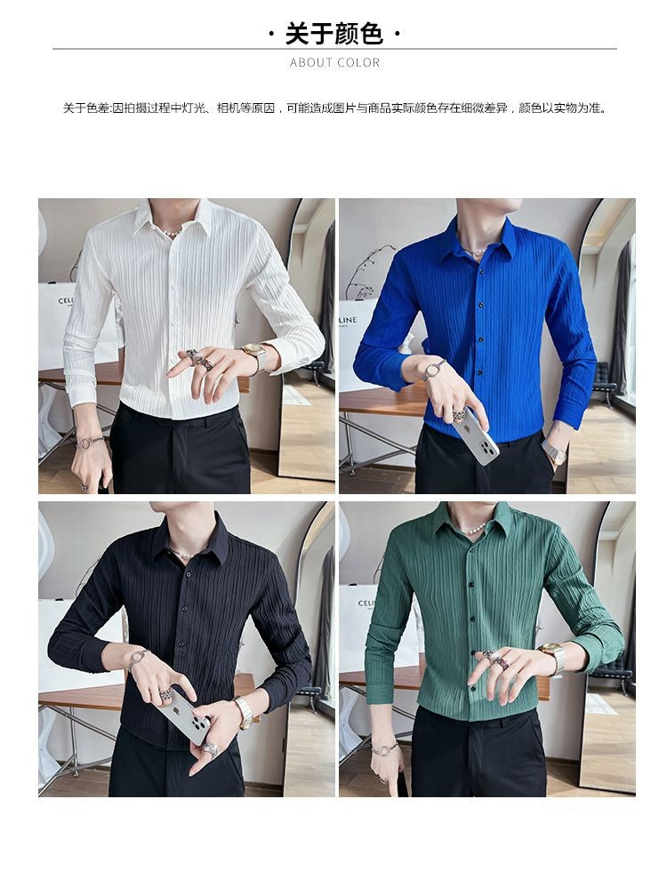 Streetwear Fashion Korean Clothing Solid Shirts Spring Autumn Men Long Sleeve Striped Lapel Single Sockets Business Casual Tops