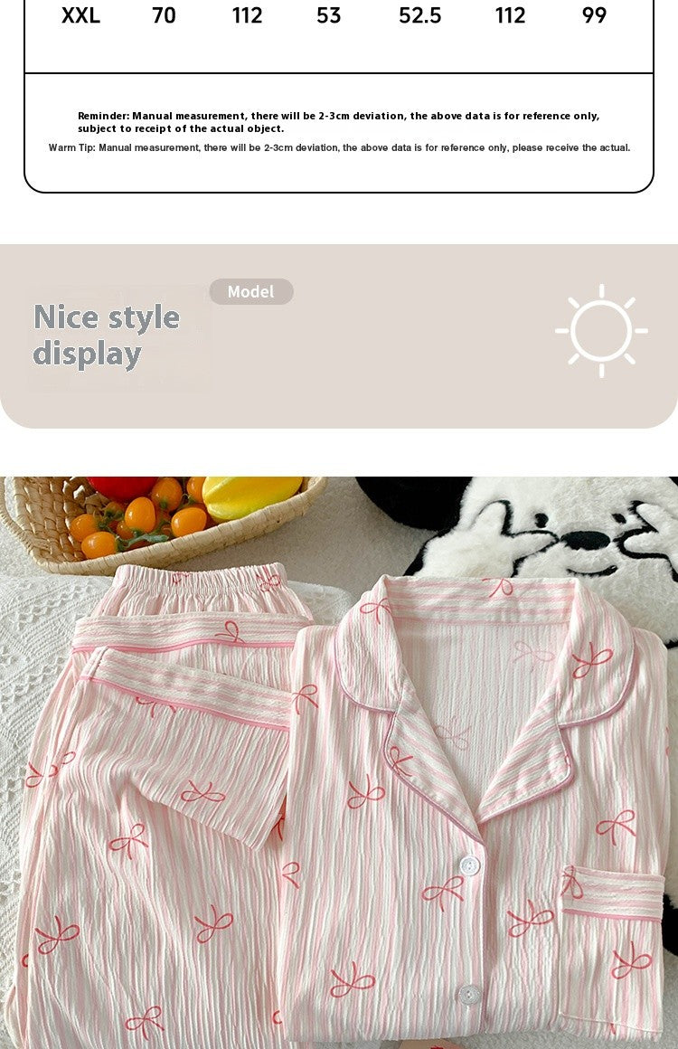 Spring and Autumn Sweet Bow Korean Style Ins Wrinkled Fabric Long Sleeve Cardigan Nightgown Women's High-Quality Homewear Set