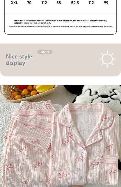 Spring and Autumn Sweet Bow Korean Style Ins Wrinkled Fabric Long Sleeve Cardigan Nightgown Women's High-Quality Homewear Set