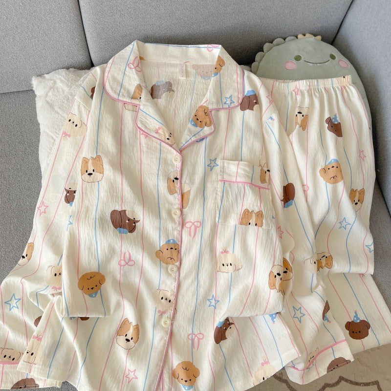 Harajuku Style Kawaii Sweet Loungewear 2 PC Set Line Star Dog Print Cute Casual Women's Pajamas Autumn Long New Fashion Homewear