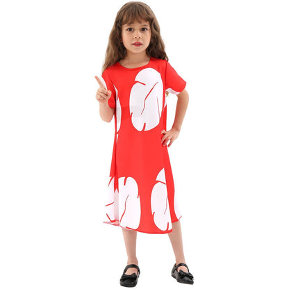 Disney Lilo Costume Girl Cosplay Red Dress Short Sleeve Pajamas Hawaiian Printed Dress Summer Beach Outfit + Stitch Doll Set