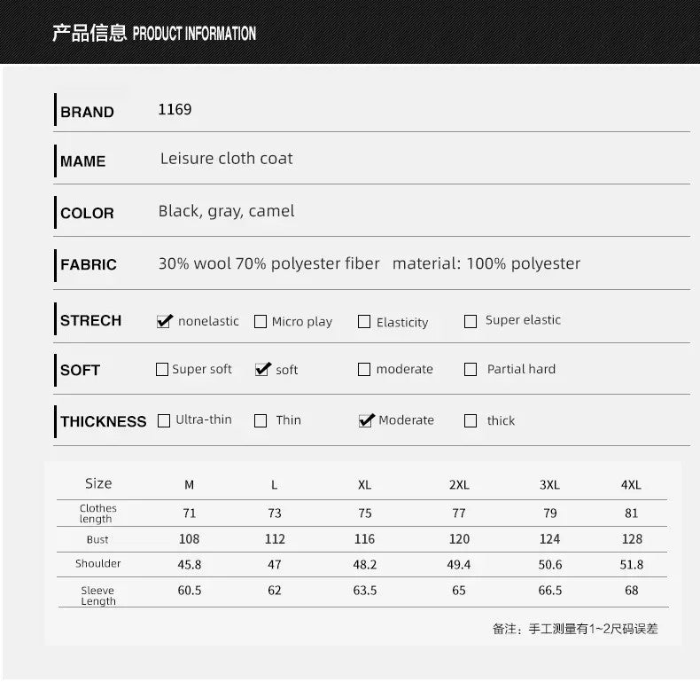 Fashion Middle Long Jacket Male Double Collar Zipper Coat Windbreak  Woolen Overcoat  Autumn Winter Wool Trench Coats