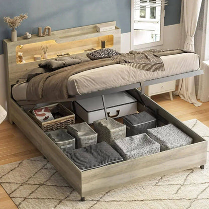 [Oferta por Tempo Limitado + Frete Grátis!] Cama Queen Size com Baú e Estação de Carregamento, Cabeceira de 2 Níveis