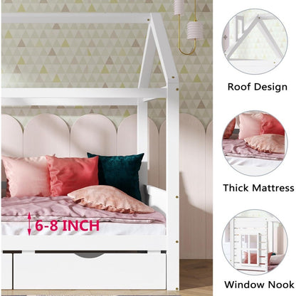 Cama Infantil Aoowow com Cama de Casa de Tamanho de Solteiro e 2 Gavetas, Estrutura de Cama de Madeira de Solteiro com Janela e Telhado para Quarto, Cama Infantil de Tamanho de Solteiro Moderna Pla