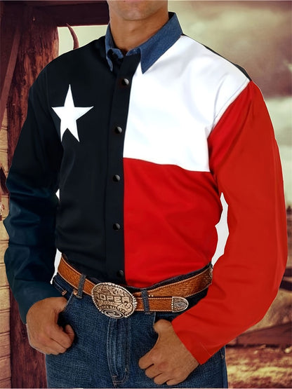 Spring and Autumn Cowboy Style Printed Men's Long Sleeve Shirt Men's Loose Fit Collar Top Casual Street Fashion Clothing