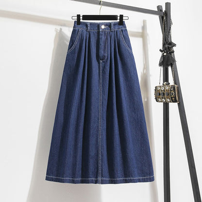 Plus Size Denim Skirt Women Summer 2025 New Korean Style High Waist A Line Pleated Long Jean Skirt Casual Women Maxi Skirt