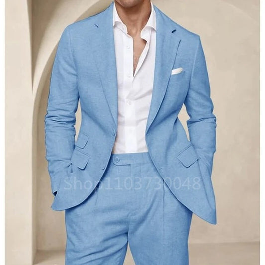 2 Piece High Quality Blue/Beige Linen Men Suit Smart Casual Single Breasted Slim Fit Notch Lapel Blazer with Pants Costume Homme