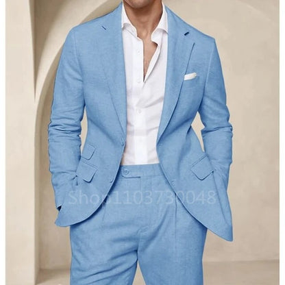 2 Piece High Quality Blue/Beige Linen Men Suit Smart Casual Single Breasted Slim Fit Notch Lapel Blazer with Pants Costume Homme