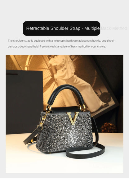Luxury Fashion Diamonds Women's Handbags 2025 New V Letter Small Shoulder Crossbody Bag Genuine Leather Messenger Shell Bags