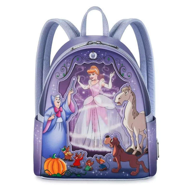 Mochila Loungefly Mini Princessa Gus e Jaq Teacup 70º Aniversário Lenticular Série Cinderela