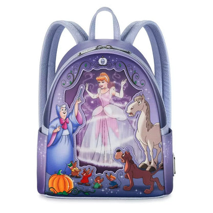 Mochila Loungefly Mini Princessa Gus e Jaq Teacup 70º Aniversário Lenticular Série Cinderela