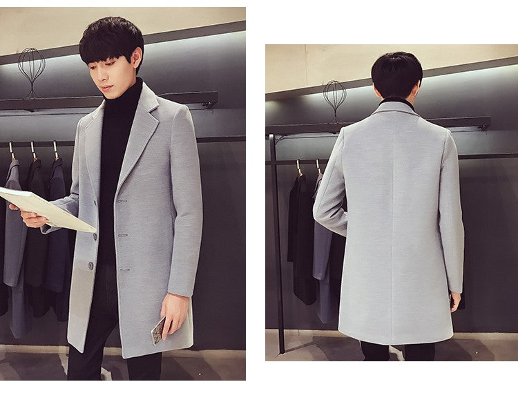 2024 Spring Autumn New Long Cotton Coat New Wool Blend Pure Color Casual Business Fashion Men's Clothing Slim Windbreaker Jacket