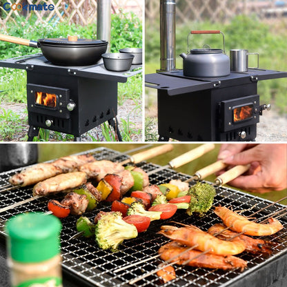 Fogão a Lenha Dobrável para Acampamento, Aquecedor de Tenda Portátil com Chaminé Destacável de 5 Seções, Queimador de Lenha para Pesca no Gelo, Para Cozinhar e Churrasco ao Ar Livre
