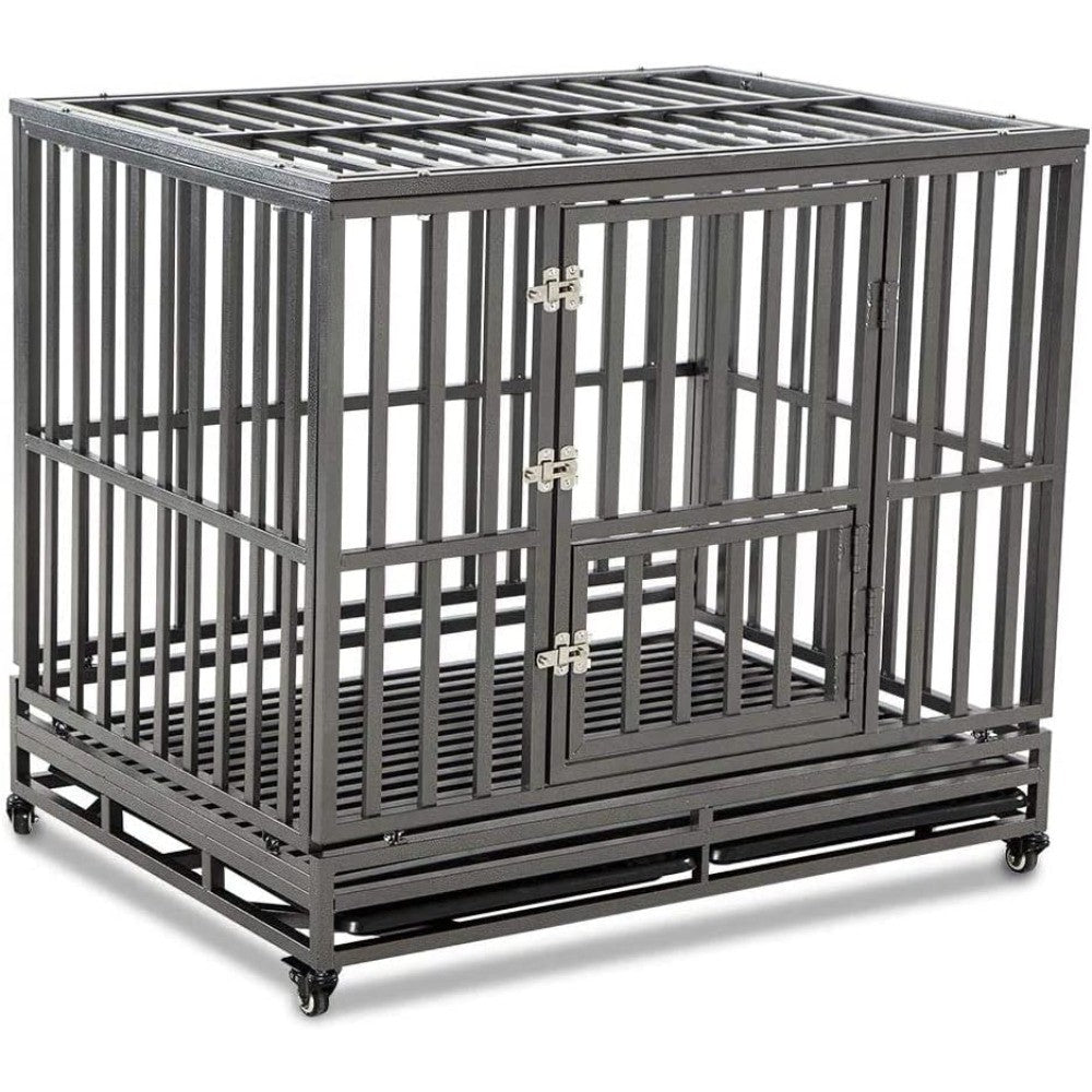 Caixa Metálica de Alta Resistência para Cães, Canil e Grade para Cães de Porte Médio e Grande, Cercadinho para Pets com Quatro Rodas, Fácil de Instalar, 116 cm, Preto