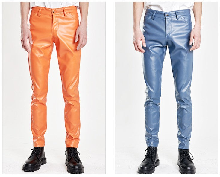 New Men Solid Color Slim Fit Faux Leather Pants Green / White / Black Homme Bar KTV High Street Biker Trousers