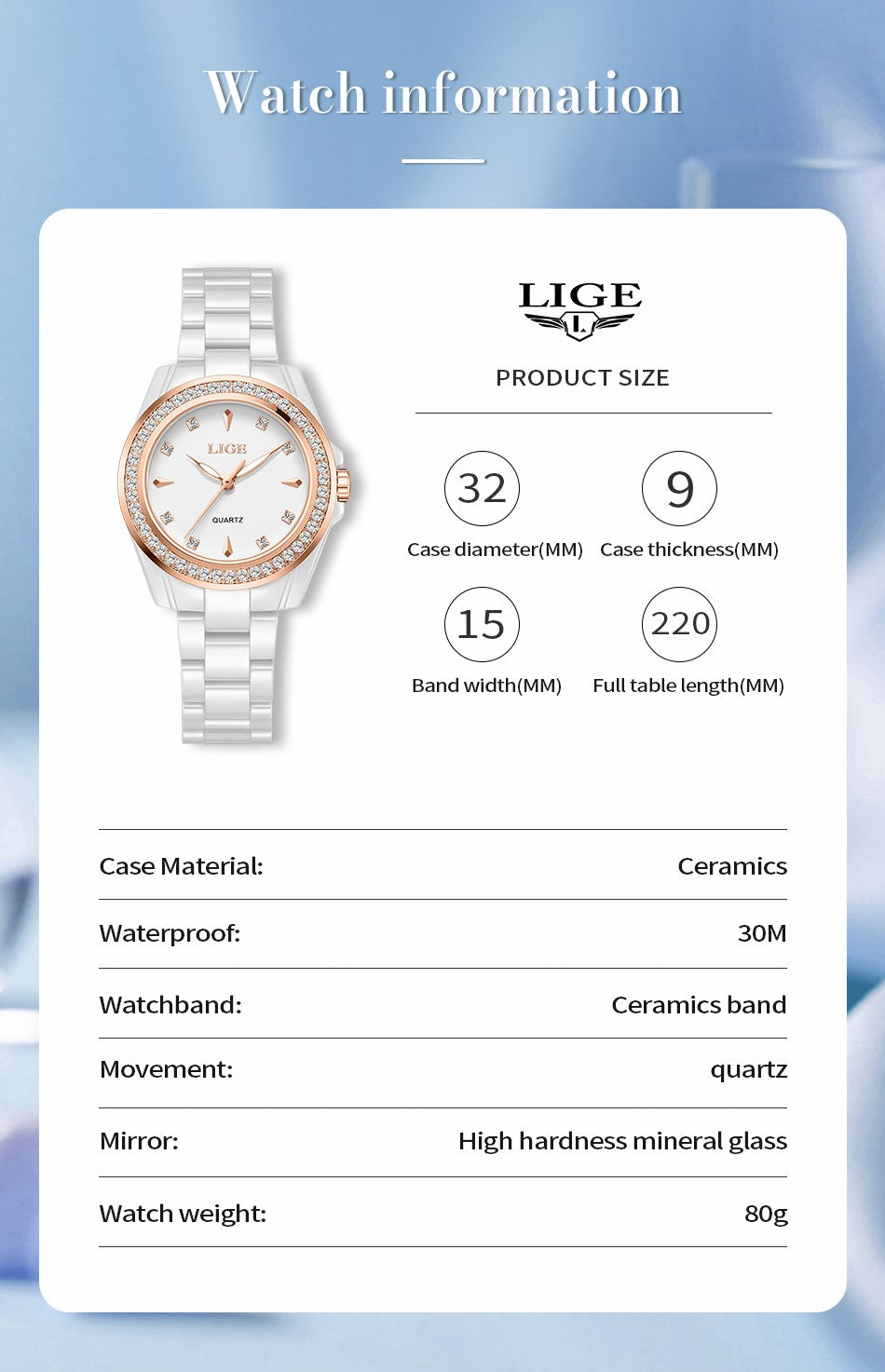 LIGE Fashion Elegant Watch for Women Ceramics Strap Diamond wristwatch Luxury Ladies Bracelet Quartz Watches Gifts Reloj Mujer