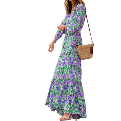Women's Autumn New Fashionable Printed Sexy V-neck Long Sleeve High Waist Elasti
