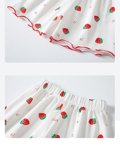 Girls Summer Pajama Sets Stylish Cartoon Pattern Printing Short Sleeve Top and Pants Made from Luxurious Cozy Ice Silk Material