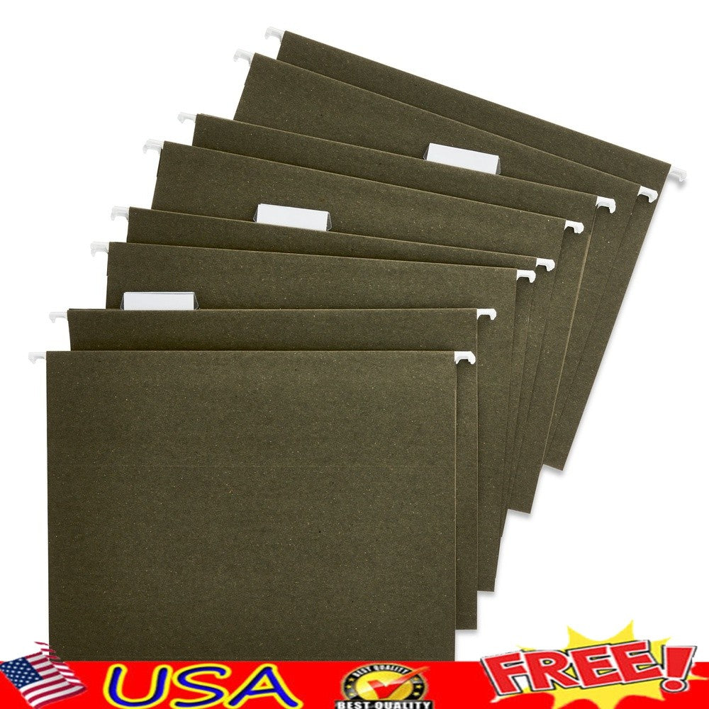 Standard Green Hanging File Folders Letter Size 1/5 Cut Tabs Inserts Box of 25 Durable Organizers Home Office Filing