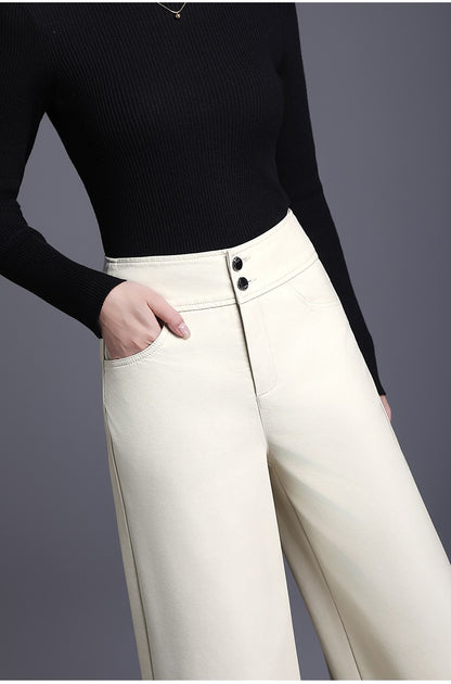 ZUZK High Quality Women PU Leather Wed Leg Pants  Autumn Winter Fashion Warm Long Leather Pants Elegant LeatherTrousers