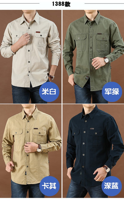 Men Loose Long-sleeved Shirt. New Solid Color Shirt for Middle-aged and Young People in Europe and America in Spring and Autumn