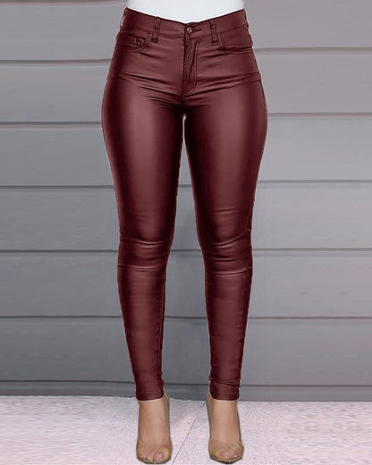 Solid color PU leather pants casual sexy pants