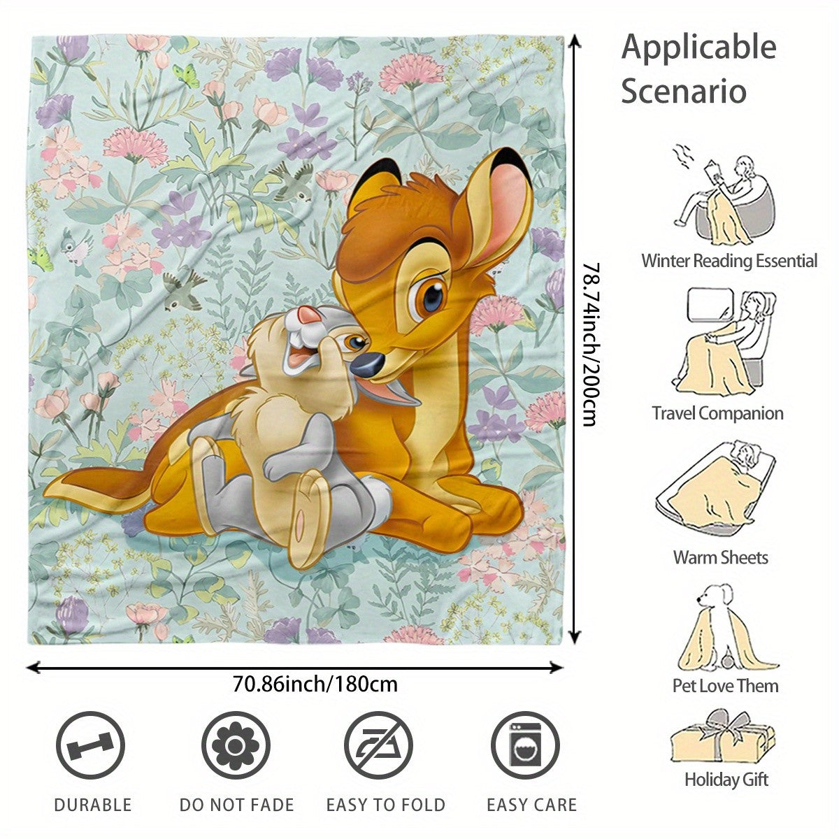 Manta de flanela Disney Bambi, com estampa floral, para casa, acampamento, presentes, macia e aconchegante, capa de sofá e cama com design vibrante de desenho animado