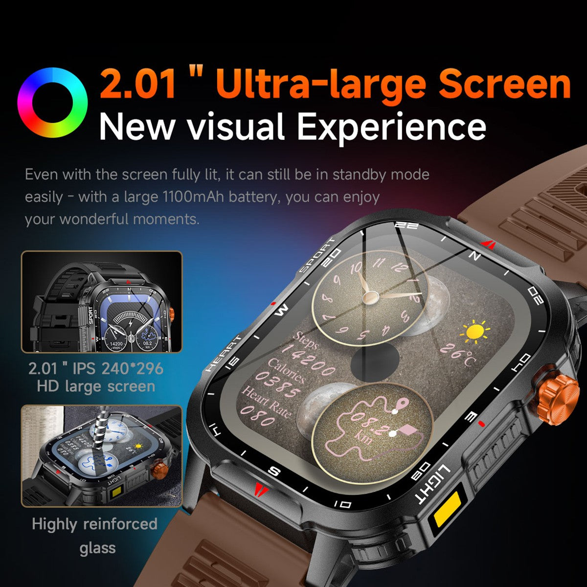Novo Smartwatch Global 2.01 Polegadas Bateria Grande de 1100mAh Luz LED Bússola Masculino Relógio Esportivo Outdoor Assistente de Voz Chamada Sem Fio