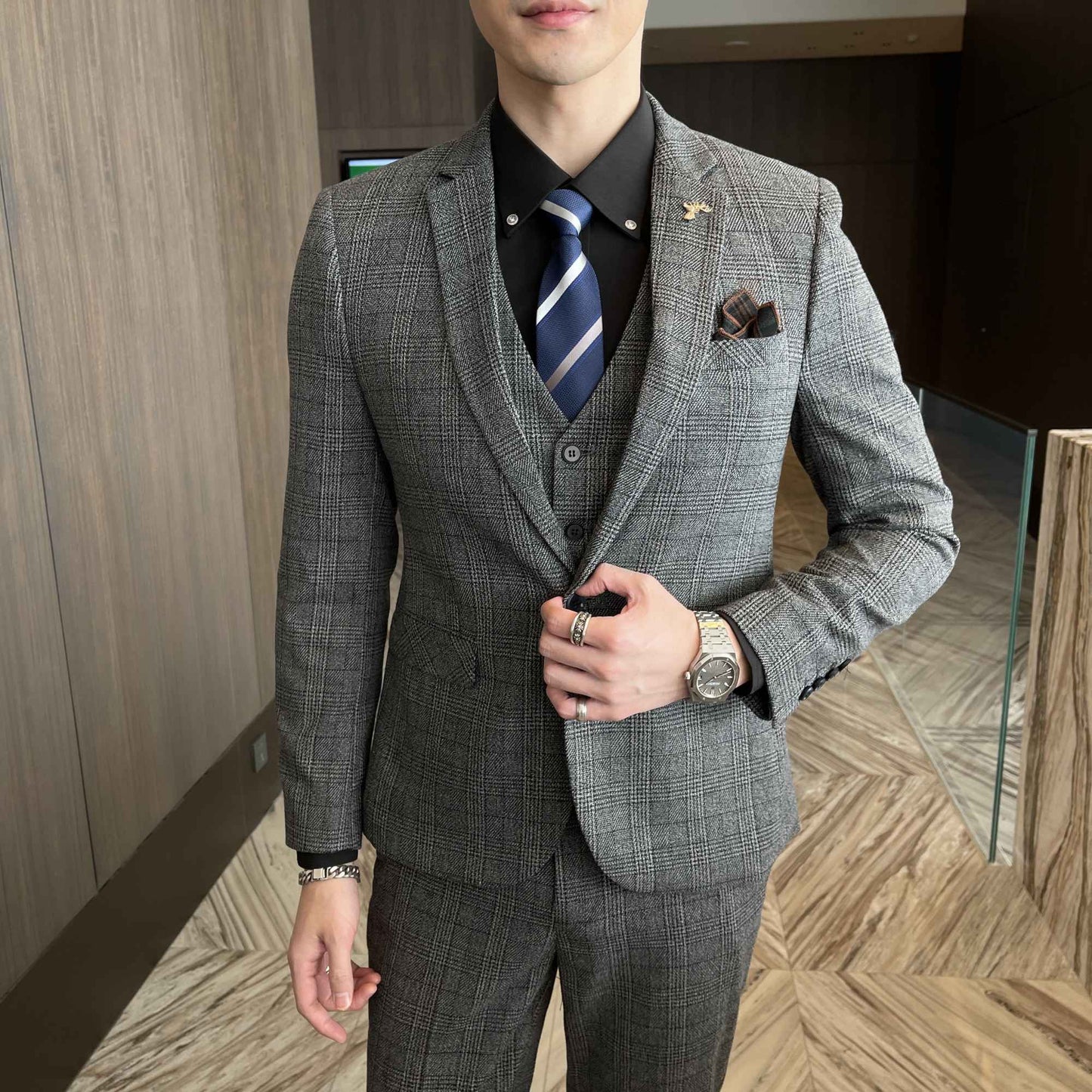 British Korean Style High Quality Modified Plaid Three-Piece Suit for Men - Stylish Business Casual Suit Vest And Trousers Set