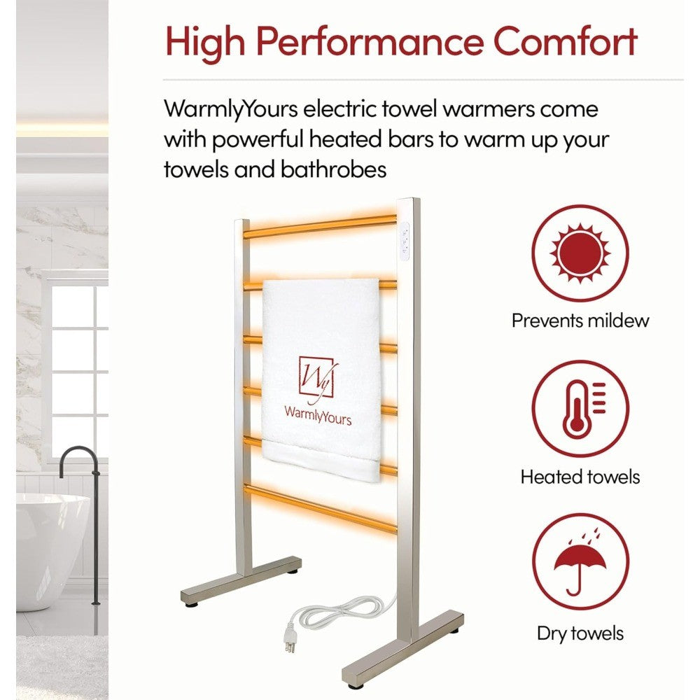 6-Bar Freestanding Electric Towel Warmer in Polished Stainless Steel with Built-In Timer for Luxurious Bathroom Experience