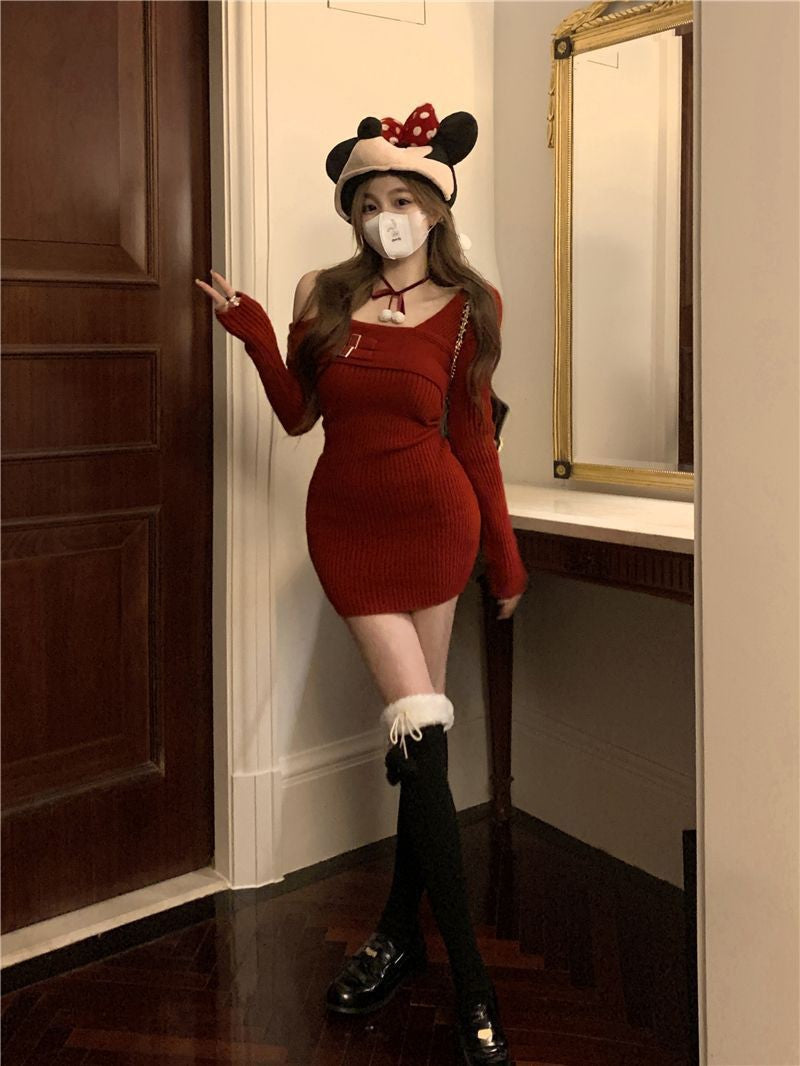 MEXZT Y2K Knitted Mini Dress Women Streetwear Sexy Off Shoulder Sweater A Line Dresses Christmas Party Korean Bodycon Vestidos