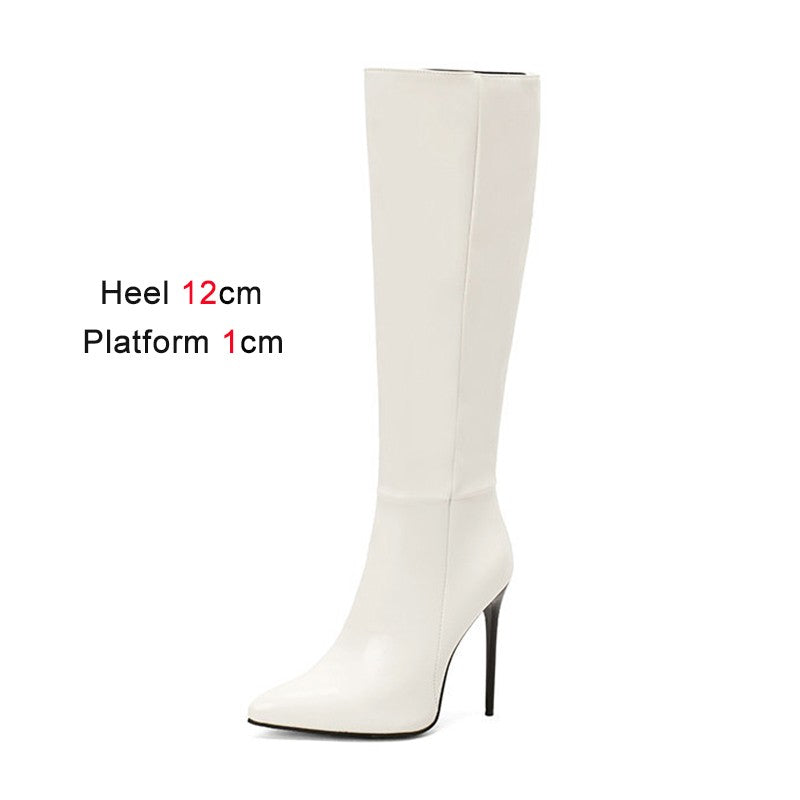 2023 Winter New Fashion Long Boots Comfortable Plush Women Warm High Heels 12CM Side Zipper Pointed Models Shoes Mujer Plus Size