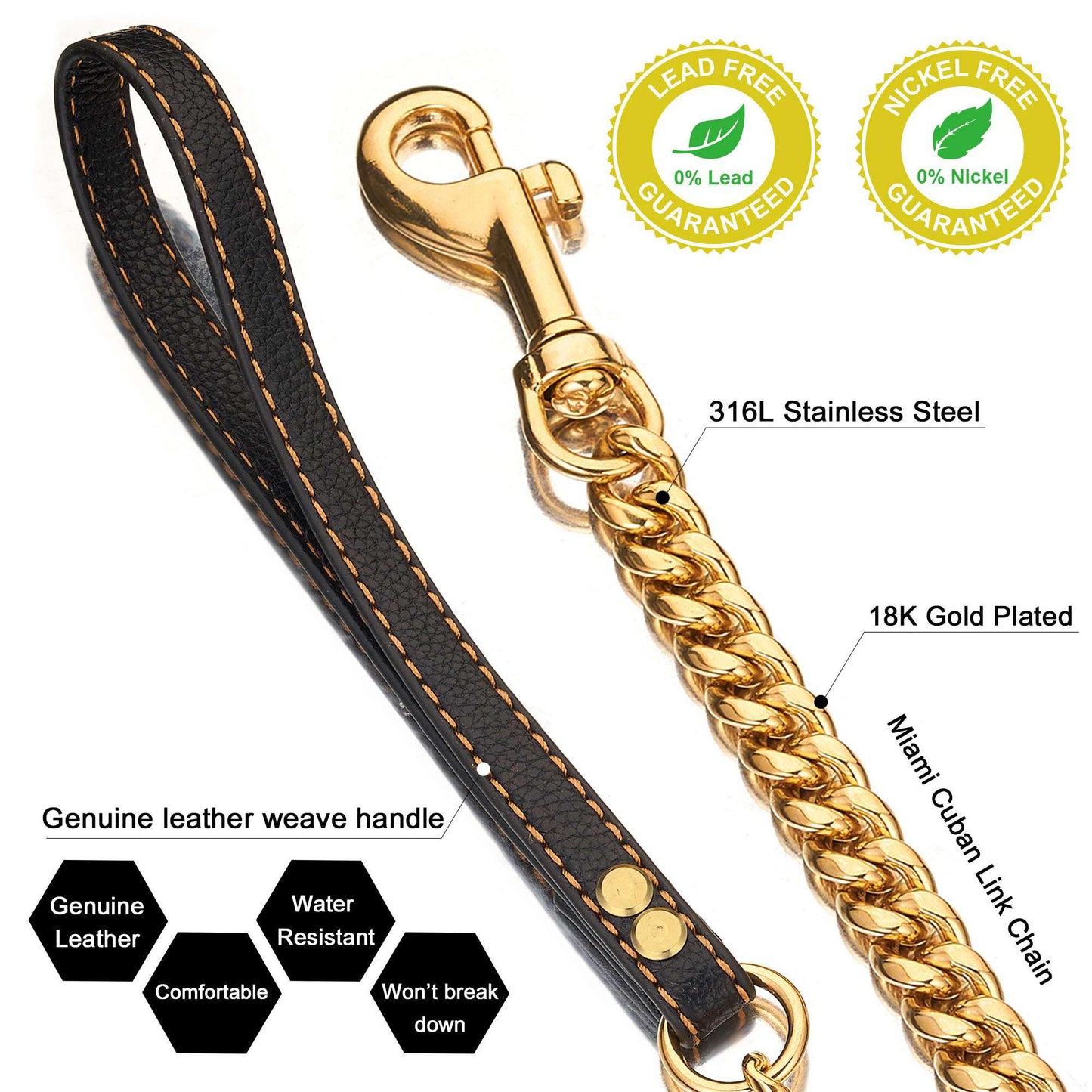 Coleira de corrente de aço inoxidável coleira grande de corrente para cães de metal cães elos médios elos pequenos de aço dourado cubano para passeio e adestramento