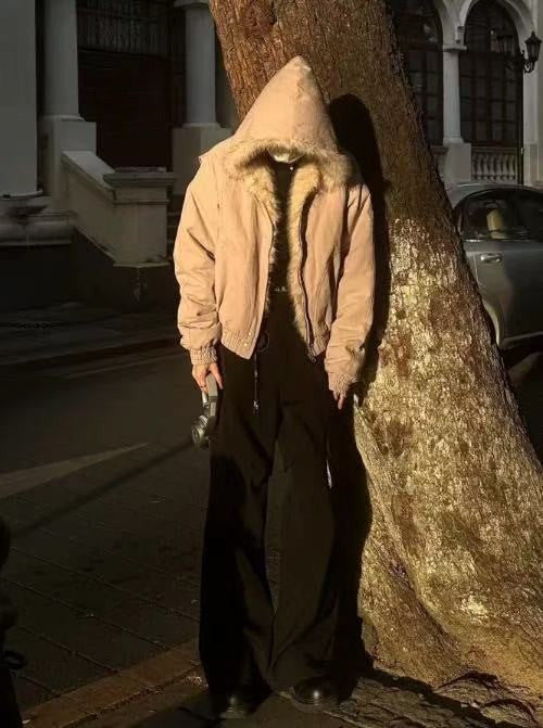 Grey Womens Korean Style Fleece Jacket Winter Warm Thick Workwear Punk Retro Casual Layering Wear Unisex Couple Matching Coat