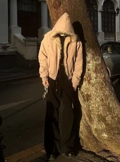 Grey Womens Korean Style Fleece Jacket Winter Warm Thick Workwear Punk Retro Casual Layering Wear Unisex Couple Matching Coat