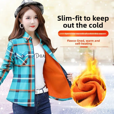 Thickened Fleece Women's Casual Shirt Korean Style All-Match Slim Fit Warm Plaid Elastic Large Size Button down Coat