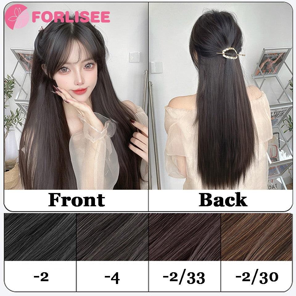 Aplique de Peruca Sintética de Quatro Peças Para Aumentar o Volume do Cabelo Peruca Longa Lisa Preta Fofa Peça de Extensão de Cabelo Invisível Sem Costura