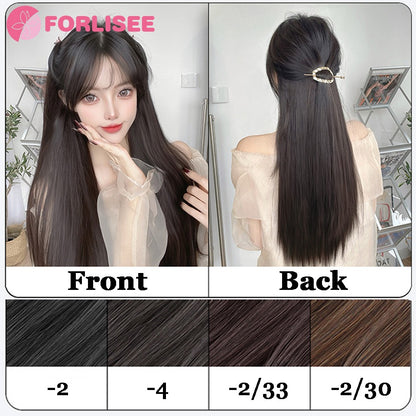 Aplique de Peruca Sintética de Quatro Peças Para Aumentar o Volume do Cabelo Peruca Longa Lisa Preta Fofa Peça de Extensão de Cabelo Invisível Sem Costura