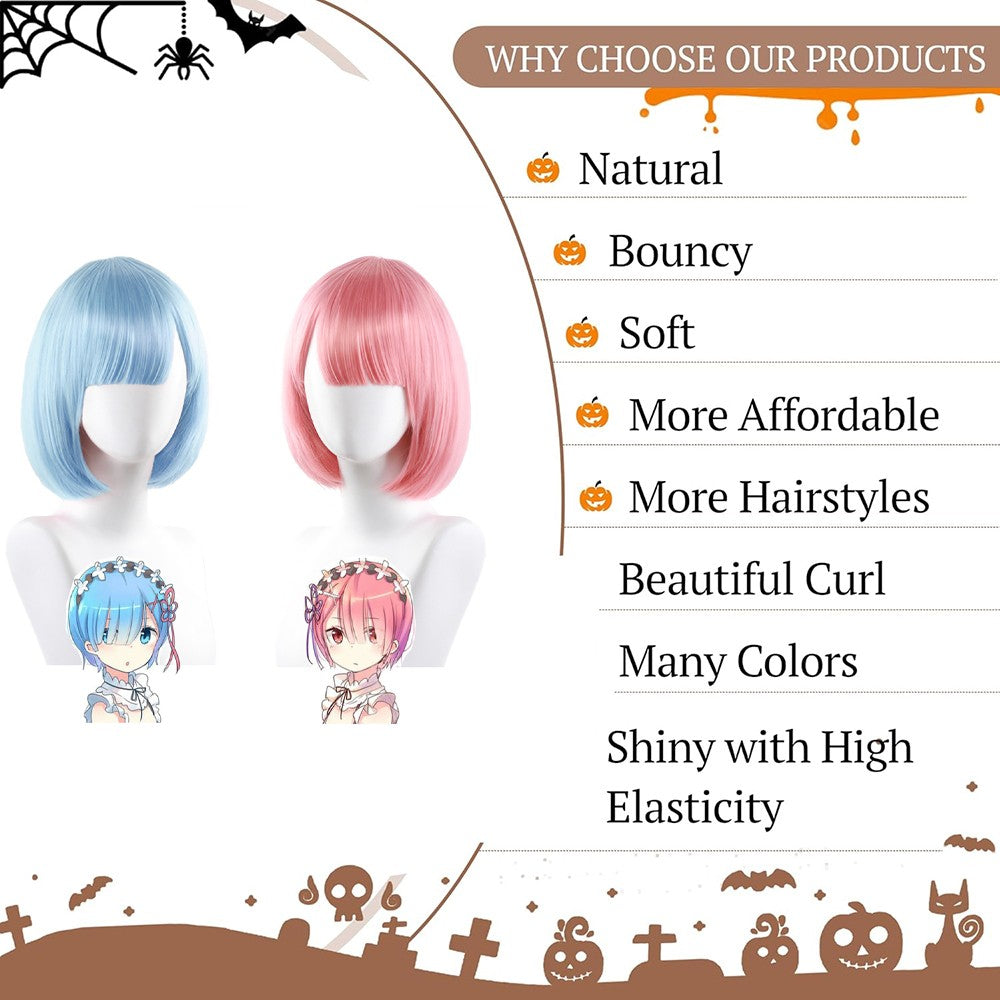 High-Quality Anime Ram Rem Cosplay Synthetic Hair 12-Inch Blue And Pink Short Halloween Daily Party Heat-Resistant Wig Natural