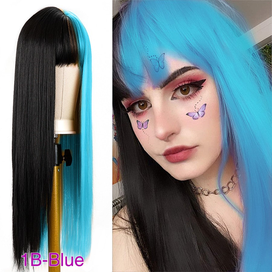 Green And Black Lolita Cosplay Wig Straight Wigs With Bangs Synthetic Heat Resistant Two Tone Wigs Black & Pink Split Color Wig