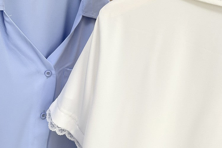 Plus Size Women's Summer New Style Lace Sleeve V-Neck Short Sleeve Shirt Fresh And Elegant Fashionable Blouse Polyester Fabric