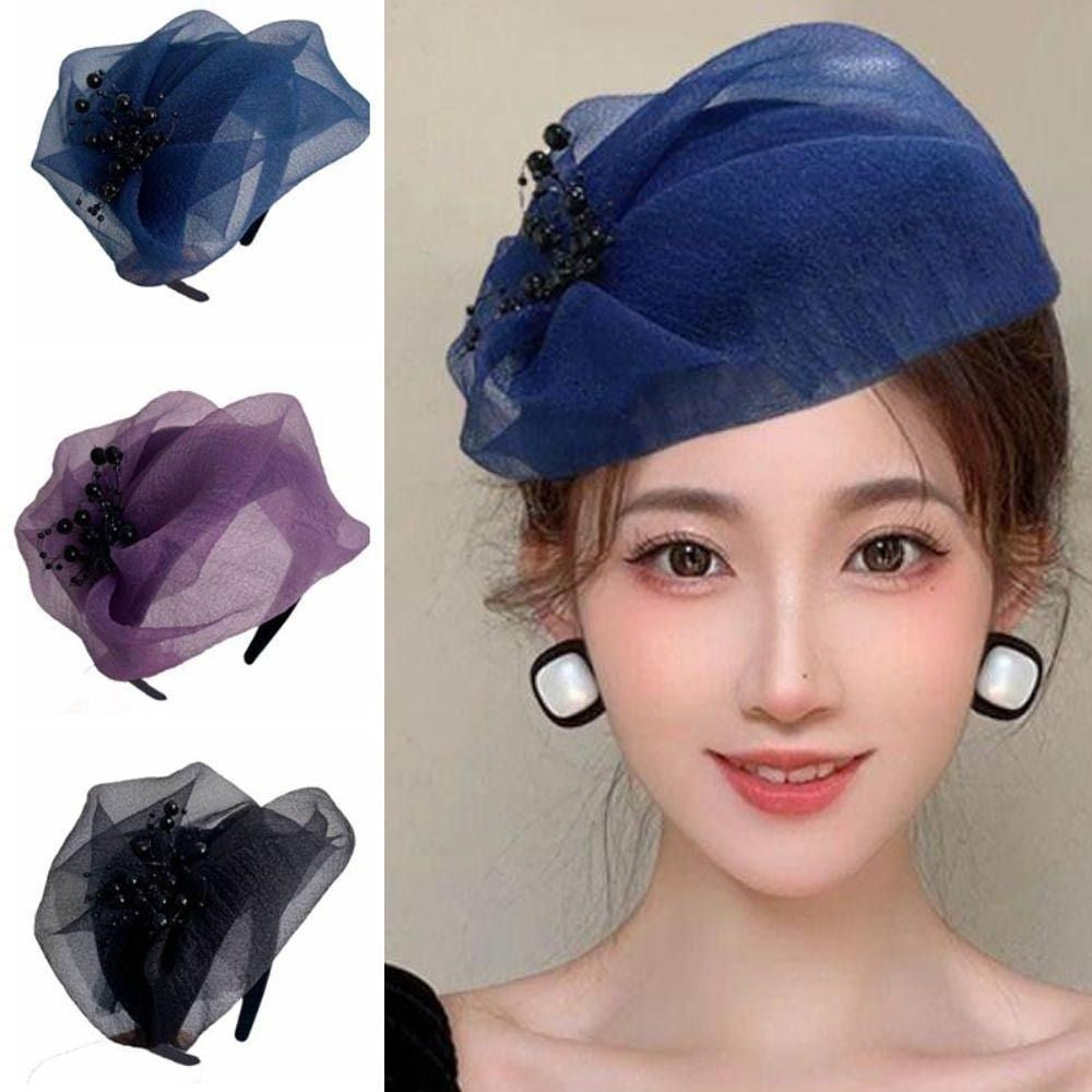 French Beaded Mesh Hairband Elegant Fashion Mesh Veil Fascinator Hat Bead Yarn Half Hat Dinner Party Hairband Hair Accessories