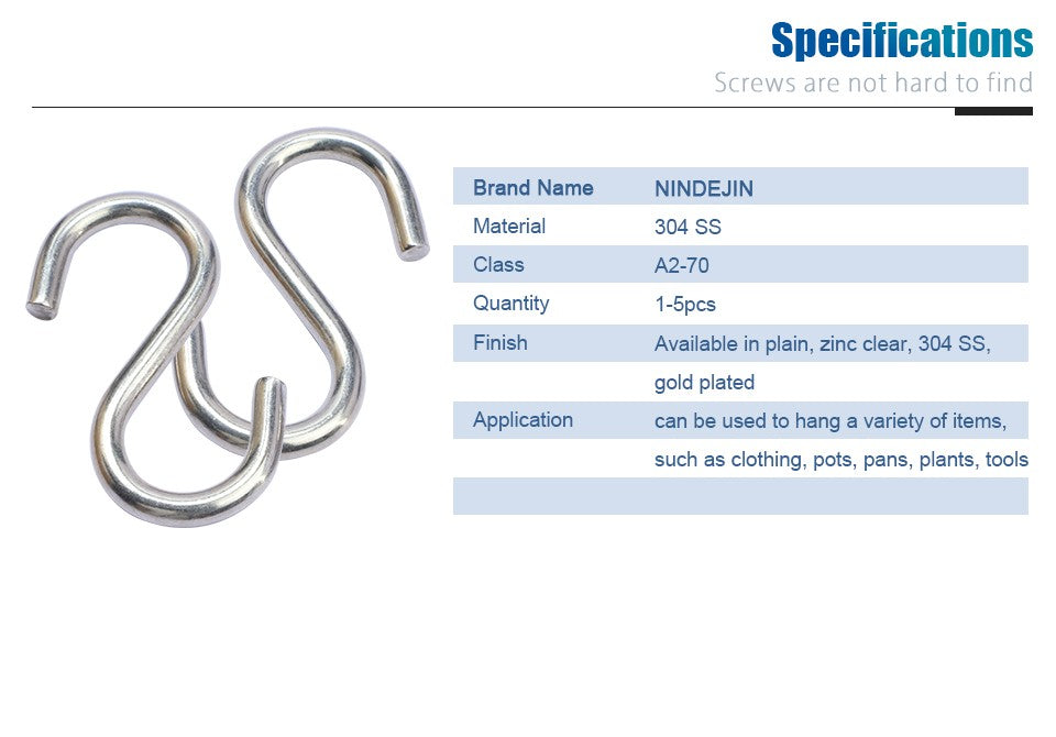 NINDEJIN 1-10 peças/pacote Ganchos S de Aço Inoxidável Reforçados M2 M3 M4 M5 M6 M8 M10 Gancho S Utilitário para Pendurar em Cozinha e Armário