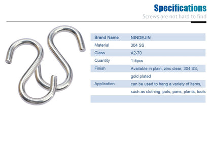 NINDEJIN 1-10 peças/pacote Ganchos S de Aço Inoxidável Reforçados M2 M3 M4 M5 M6 M8 M10 Gancho S Utilitário para Pendurar em Cozinha e Armário