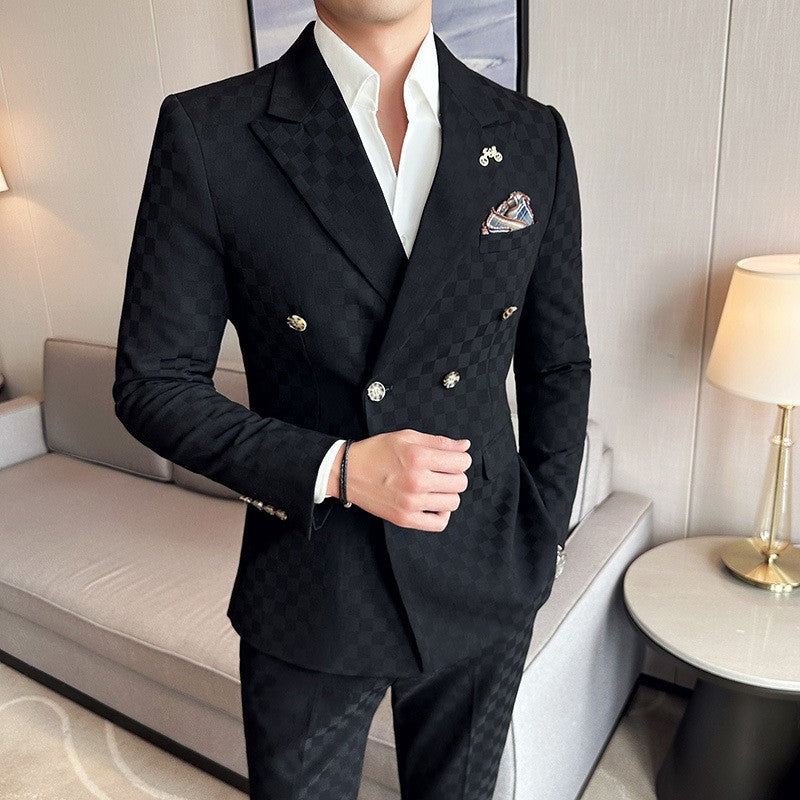 (Jacket+Pants)Luxury Checkered Double Breasted Suit  2 Pieces Fashion Business Slim Fit Social   Formal Suit Evening Dress 5XL-M