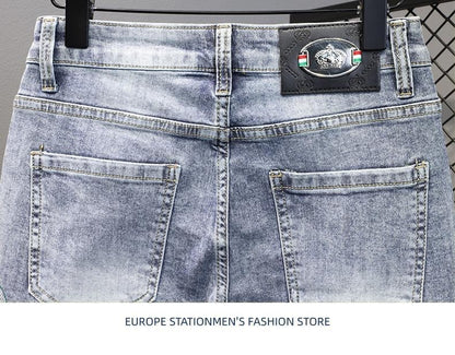 Summer 2024 New Fashion Trend Printed Stretch Cotton Shorts Men's Casual Sashimi Comfort High Quality Plus-Size Denim Shorts