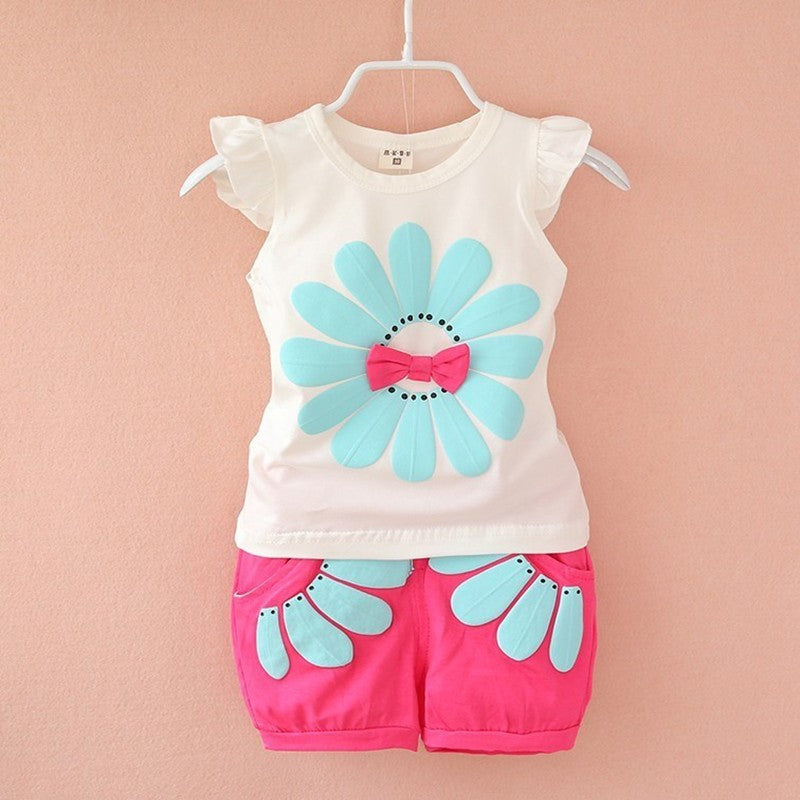 Summer Children Casual Clothes Suit Baby Girls Cute Cartoon Flowers Vest Shorts 2Pcs/Set Toddler Cotton Clothing Kids Tracksuits