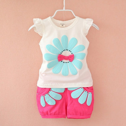 Summer Children Casual Clothes Suit Baby Girls Cute Cartoon Flowers Vest Shorts 2Pcs/Set Toddler Cotton Clothing Kids Tracksuits