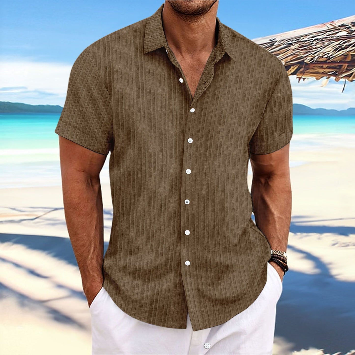New Men's Cotton and Linen Striped Jacquard Casual Loose Short-sleeved Shirt
