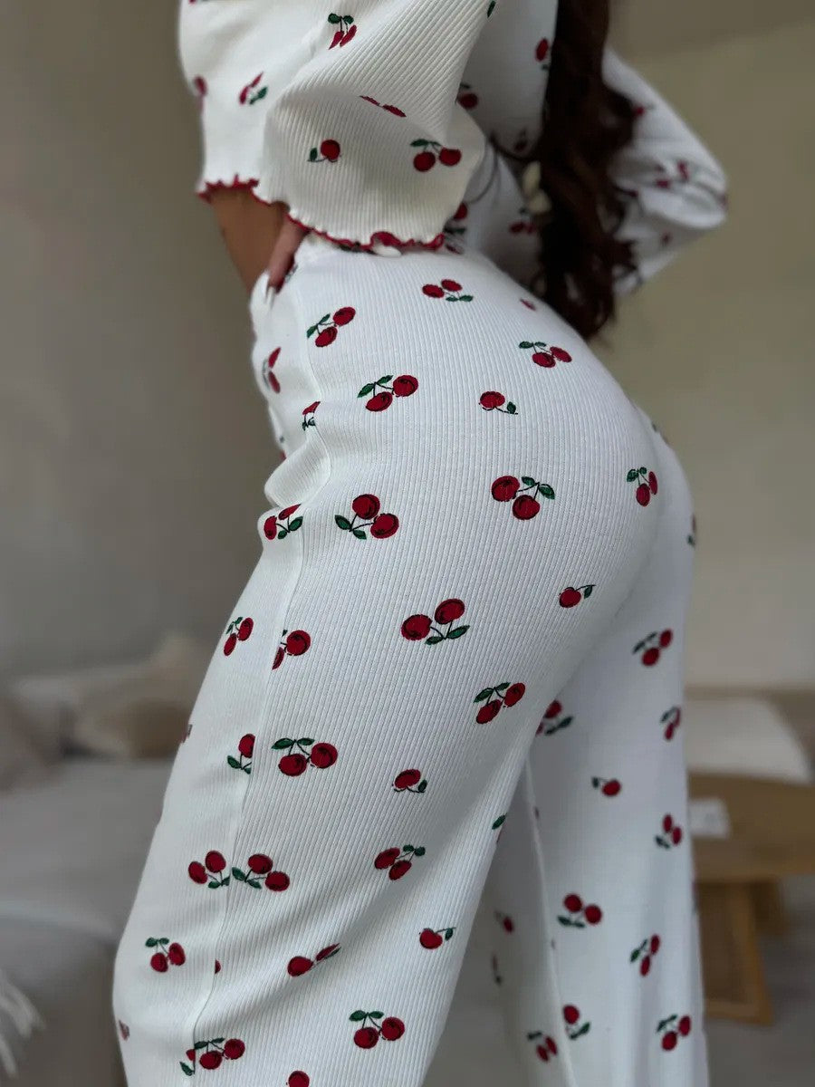 Lace Trim Women Pajama Set Short Sleeve Front Button Top & Full-Length Pants Cherry Print 2 Pieces Sleepwear Nightwear Homewear